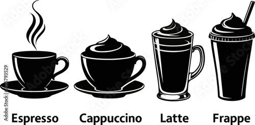 Generate a realistic kinds of deferent Coffee Drink set vector art silhouette with white background.