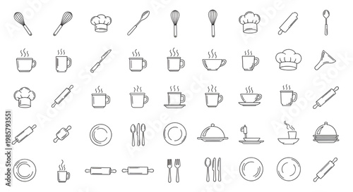 Hand drawn sketch style kitchen utensils and restaurant icons including chef hats and cups