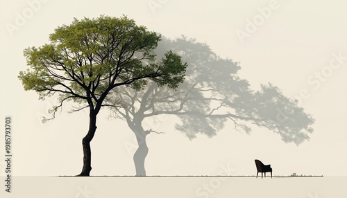A vibrant green tree stands against a minimalist background, casting a long, ethereal shadow of a distinct, unseen form, with a solitary armchair placed as an invitation to quiet reflection