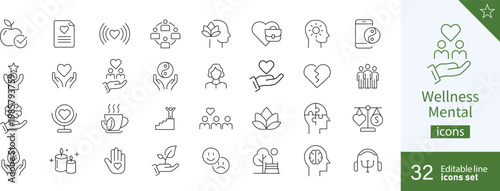 Mental wellness and psychology line icons set for emotional health and therapy counseling.