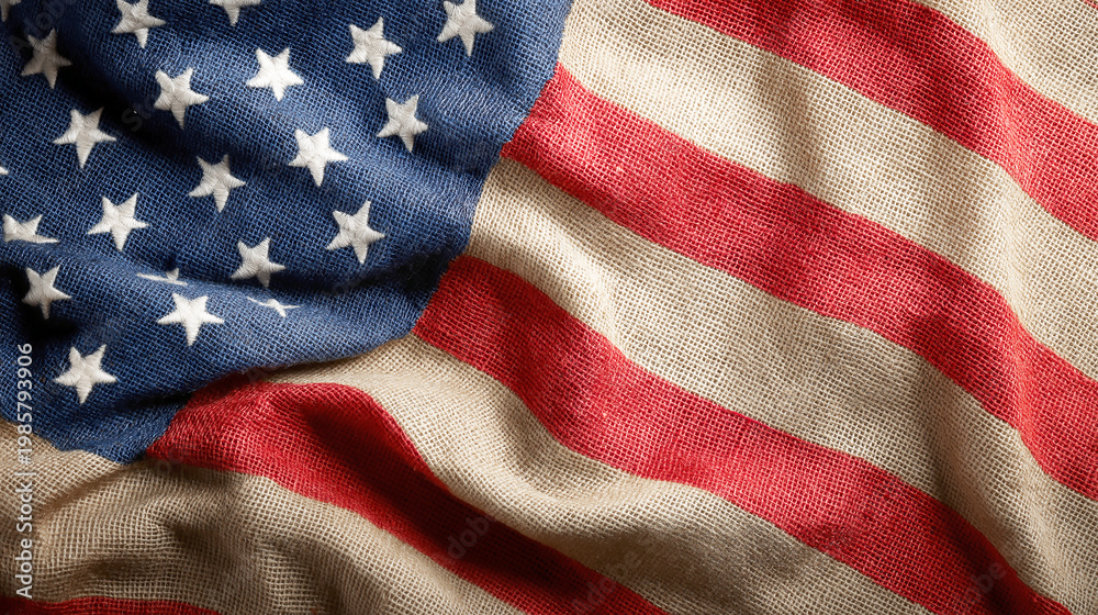 Obraz premium Rustic American Flag on Burlap Texture Background for Patriotic Independence Day and Memorial Day Celebrations representing National Pride and American Heritage in Vintage Style