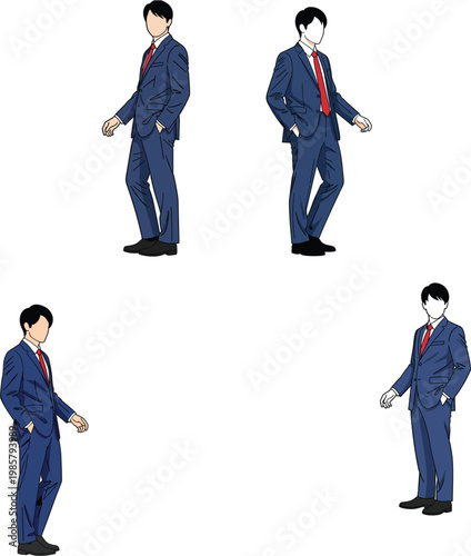 Professional businessman in elegant blue suit and red tie standing in different poses for corporate office business concept vector illustration