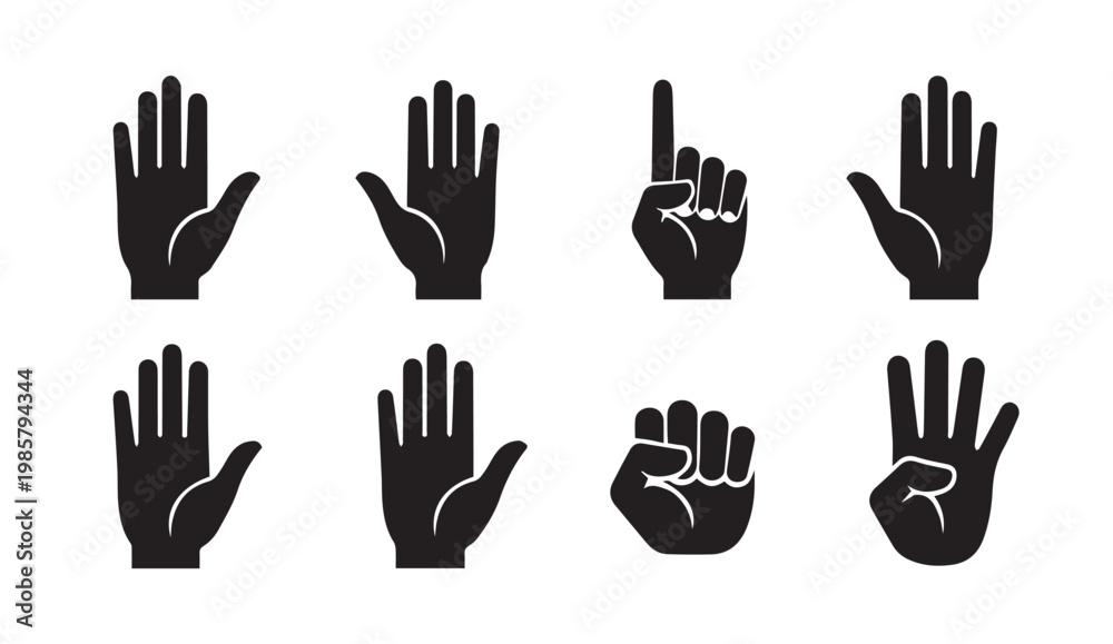 Obraz premium Collection of Black Hand Gestures and Signals on White Background Minimalist Style
