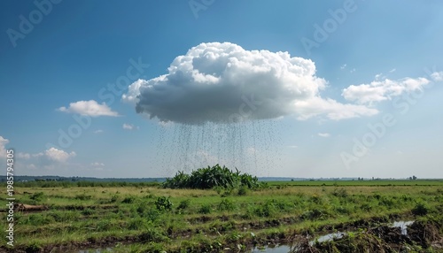 A solitary rain cloud showers a lush green island in an expansive, sunlit landscape under a clear blue sky