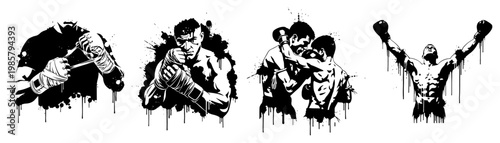 Boxers in training poses and victory stance with ink splatter style