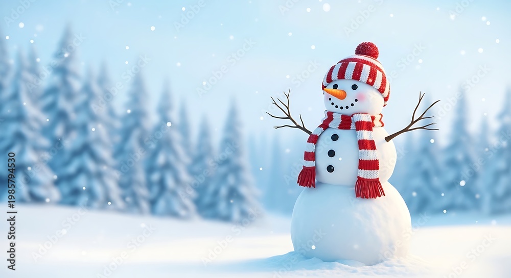 Fototapeta premium Charming snowman in a winter wonderland landscape with frosty pine trees