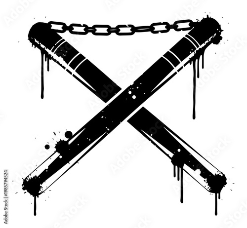 Crossed nunchucks martial arts weapon with paint splatters and drips in urban grunge style