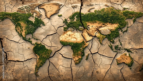 A cracked and parched world map depicting a dying planet with dry earth and barren landscapes, symbolizing environmental disaster and climate change