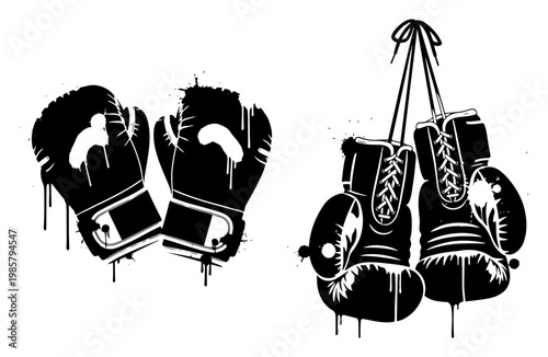 Boxing gloves pair hanging and lying with ink splatters and drips in urban street art style