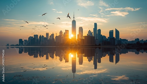 Spectacular sunrise over a gleaming city skyline with reflections in the water and birds flying