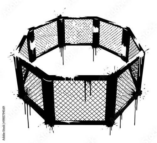 MMA octagon fighting cage with ink splatters in urban grunge style