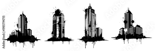 City skyscrapers and urban building silhouettes with paint drips in grunge stencil style