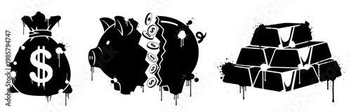 Money bag broken piggy bank and gold bars icon set in urban grunge style