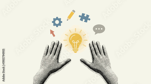 Trendy Halftone Collage Two Hands reaching for lightbulb. Creative mind, brainstorm or innovation. Create creative idea concept. Business solutions. Think outside box. Contemporary vector illustration