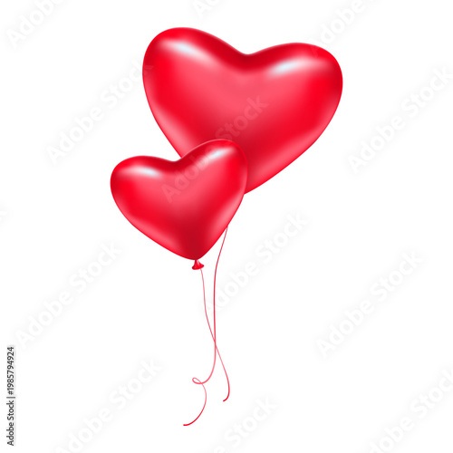 Two Realistic Red Heart Shaped Helium Balloons With Strings Isolated On White Background For Valentines Day Celebration
