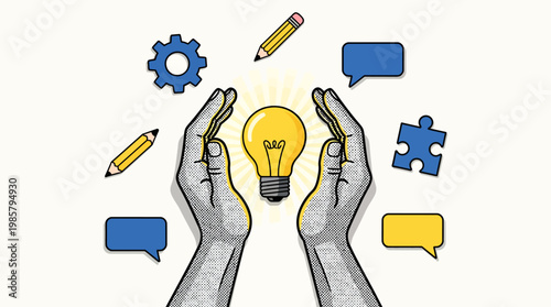 Trendy Halftone Collage Two Hands framing lightbulb. Creative mind, brainstorm or innovation. Create creative idea concept. Business solutions. Think outside box. Contemporary vector illustration art