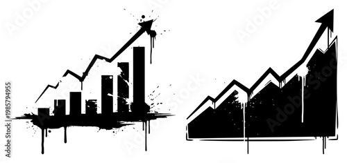 Financial growth charts and rising arrow with ink drips in urban street art style