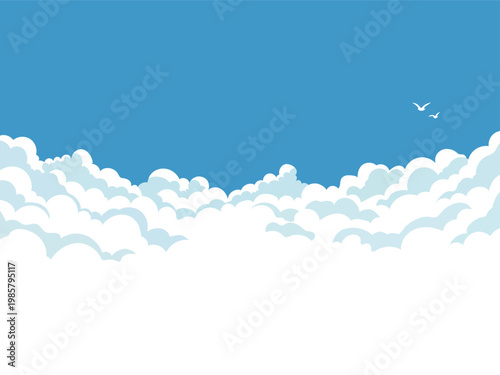 Blue sky with fluffy white clouds and two birds flying, peaceful nature background