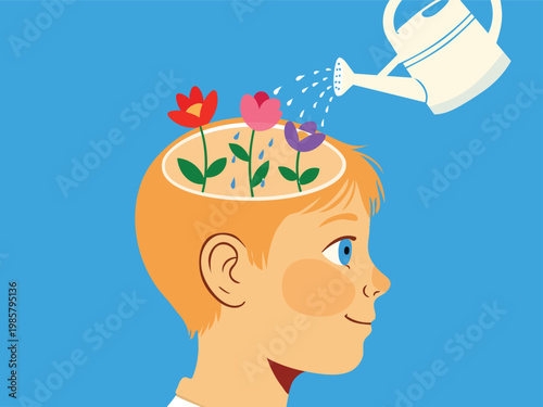 Illustration of a boys head with flowers growing inside, being watered by a watering can, symbolizing mental growth and learning