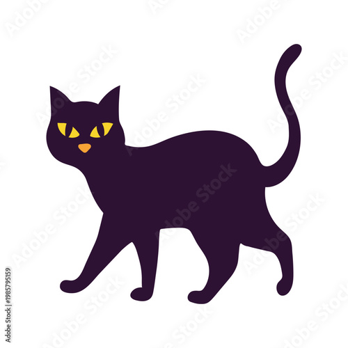 Stylized black cat with yellow eyes and orange nose walking halloween animal