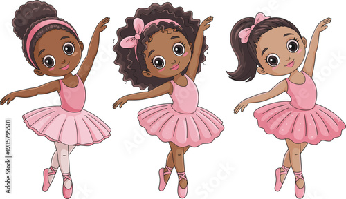 Cute ballerina girls set, cartoon ballet dancers in pink dresses, kids character vector illustration