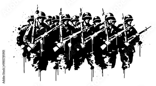 Obraz na plátne Group of military soldiers standing in formation in ink splatter style