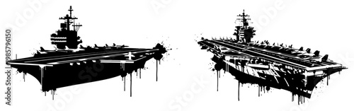 Aircraft carrier warships at sea with ink splatters in urban grunge style