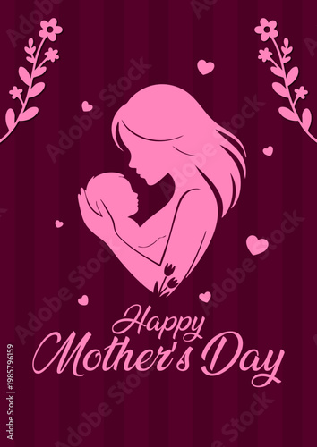 Happy Mother’s Day pink silhouette mother and baby design, Elegant motherhood love illustration with hearts and flowers, Beautiful mom and baby bond greeting card artwork, Modern happy mothers day flo