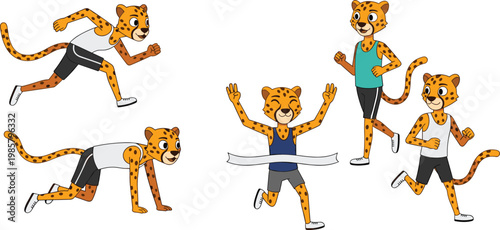 Cartoon Cheetah Character Set Running Hurdling Winning and Walking in Casual and Sports Outfits Vector Illustration
