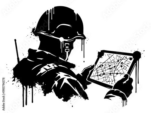 Soldier checking digital map tablet with ink splatters in urban grunge style