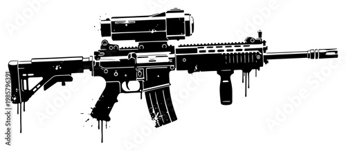 Assault rifle with optical scope and ink splatters in urban grunge style