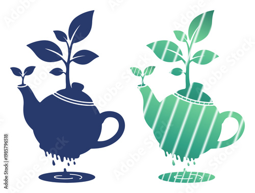 Teapot sprouts new growth, symbolizing organic refreshment and natural beginnings.