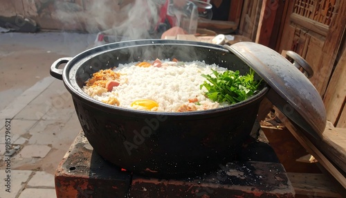 Steaming food in a large pot on a brick stove