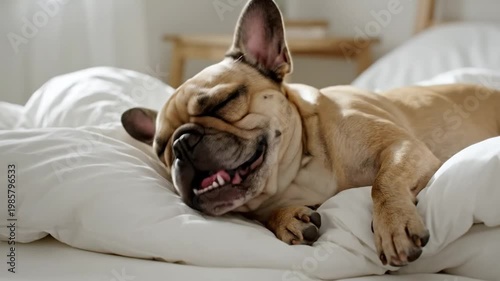 A sleeping French bulldog on a pillow.