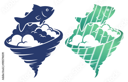 Stylized fish leaping from swirling water, symbolizing abundance and motion.