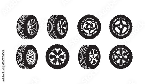 Collection of car wheels and tires in black and white flat design on a white background