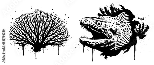 Moray eel and sea coral with ink splatters in urban grunge style