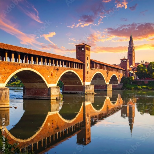 A serene landscape of a historic bridge over a calm body of water at sunset