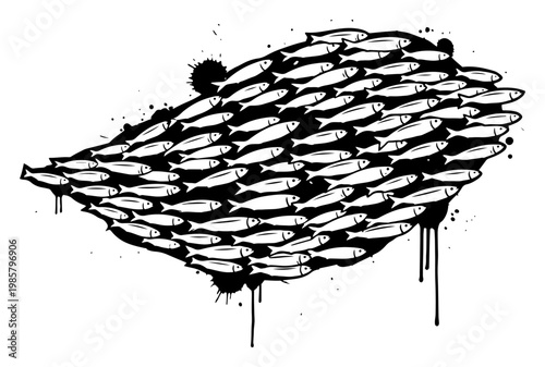 School of fish swimming together with paint splatters and drips in urban grunge style