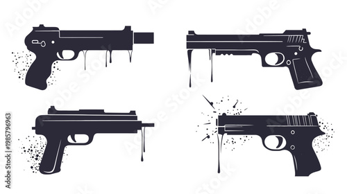 Four stylized pistol illustrations, with dripping ink effects and splatter, presented against white
