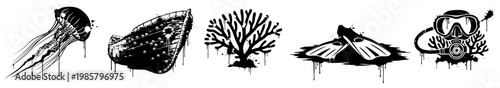 Underwater diving icons set with jellyfish shipwreck coral and gear in urban grunge style