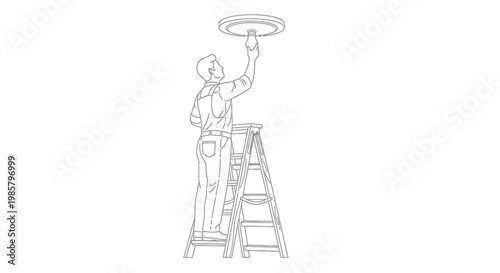 Man on a ladder installing a ceiling light fixture in a room