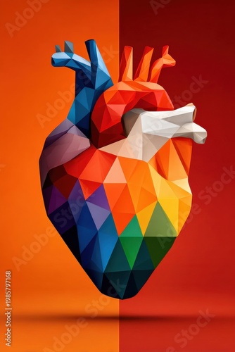 Colorful low-poly heart illustration with geometric rainbow facets on orange background