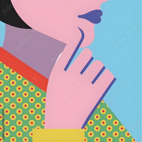 Stylized pop art illustration of a woman’s face with a bold hand gesture in a modern minimalist style.