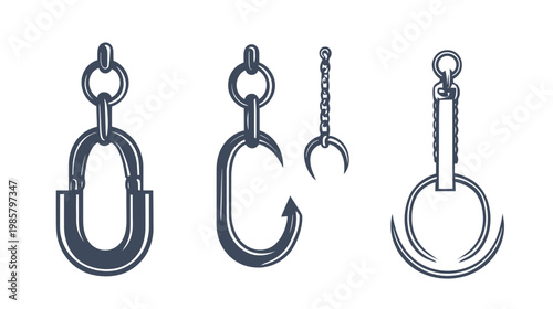 Several dark blue line drawings of hooks and chains, each with a different design on white background