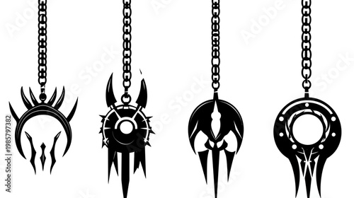 Four black pendants, each hanging from a chain. Unique and abstract designs hang below