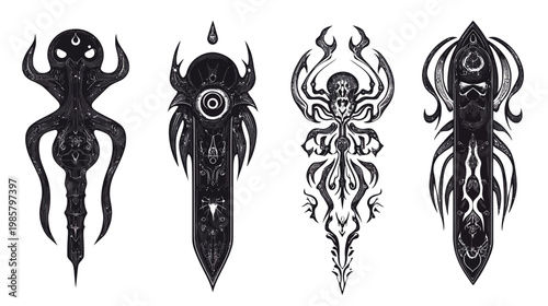 Four stylized dark, abstract illustrations with intricate details, possibly representing mythical figures