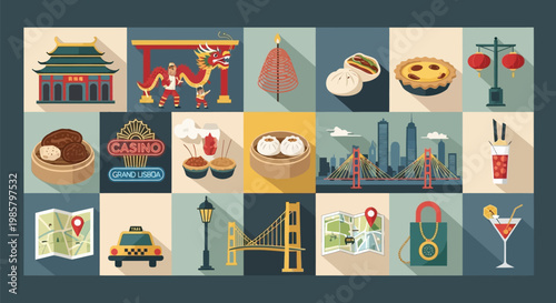 A vibrant collage of iconic landmarks, cultural symbols, and culinary delights from various global destinations, presented in a flat design style.