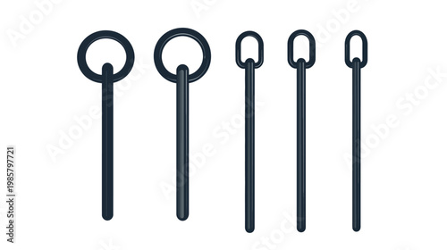 Stylized illustration of five dark blue elongated objects with differing ring/loop shapes on top