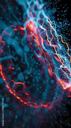 Vibrant orange and blue lightning forms a swirling circular pattern on a dark background.